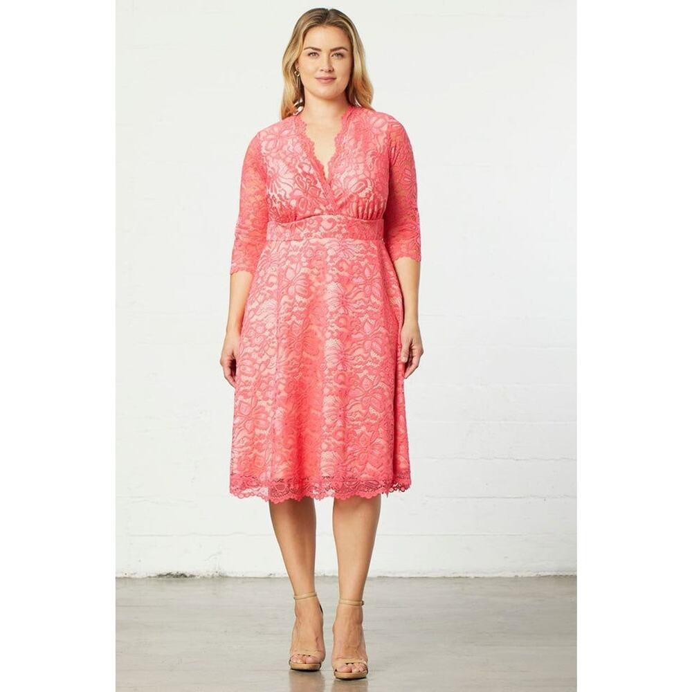 Kiyonna Dress Mademoiselle Style 2X Pink Lace Beige Lining Romantic Feminine